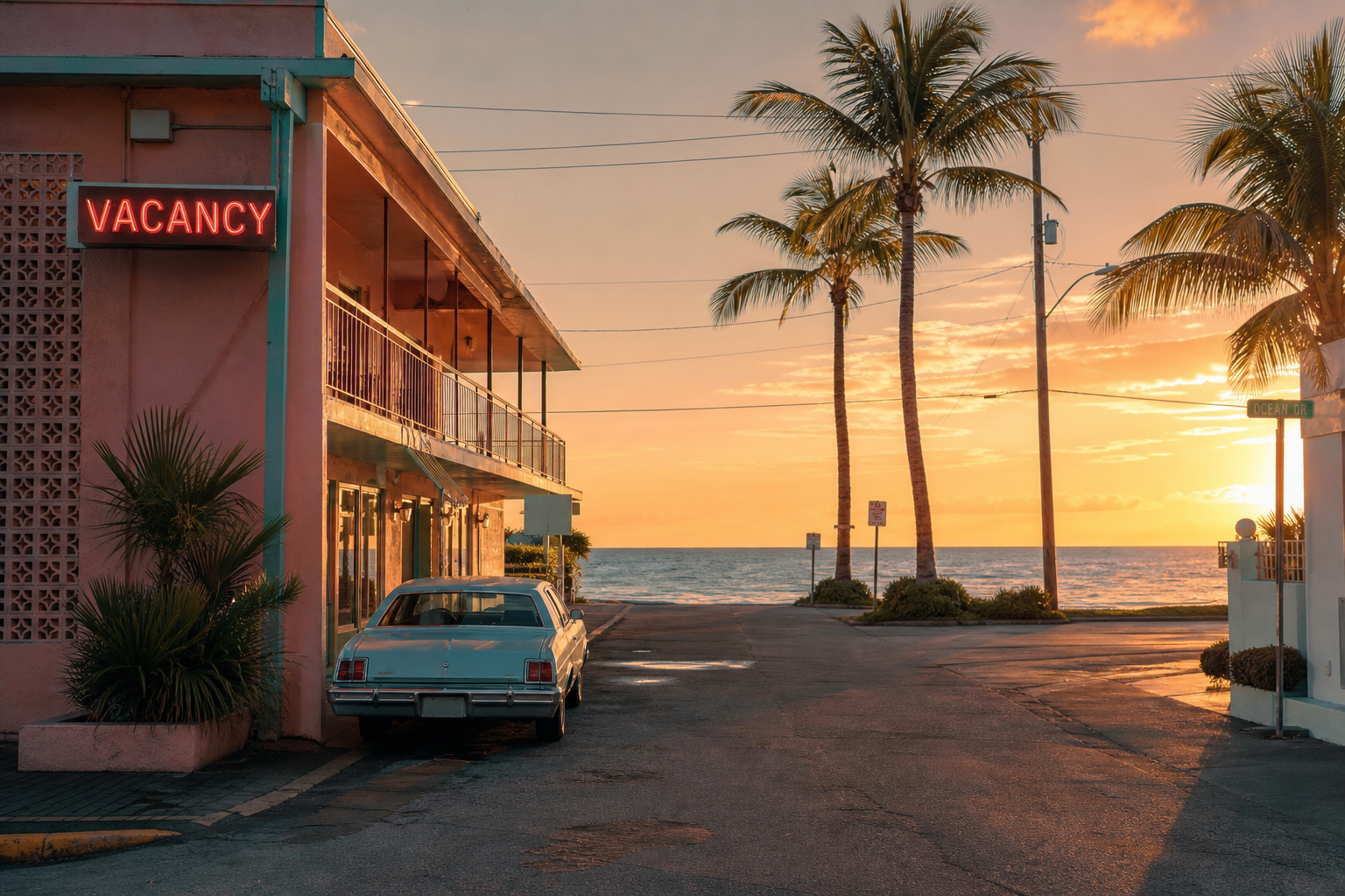 Rue tropicale au néon, palmiers et motel pastel au coucher du soleil.