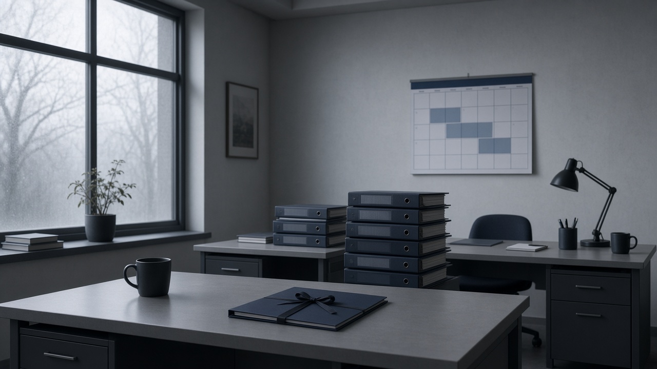 Trois bureaux vides, classeurs de procédures, calendrier de congés.