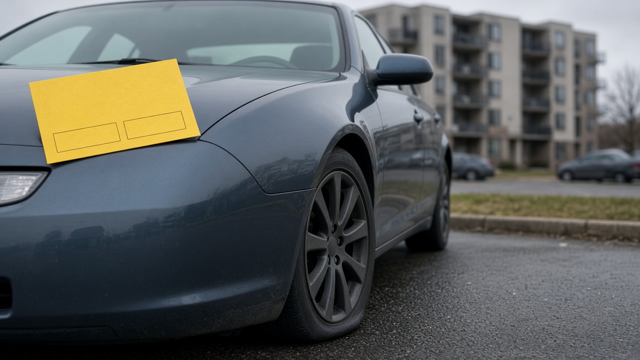 Parking de copropriété, berline, pneu à plat, autocollant jaune sans date.