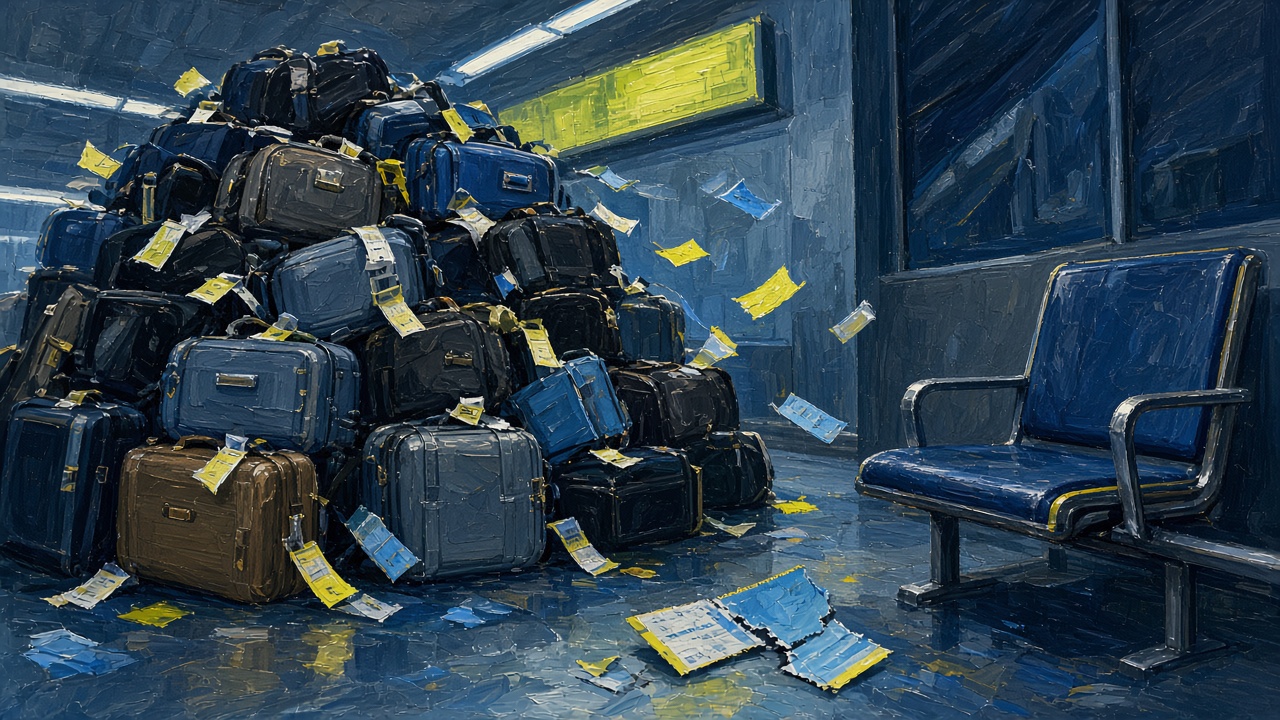 Porte d’embarquement, pile de valises surtaxées, siège éco, coupon affaire déchiré.