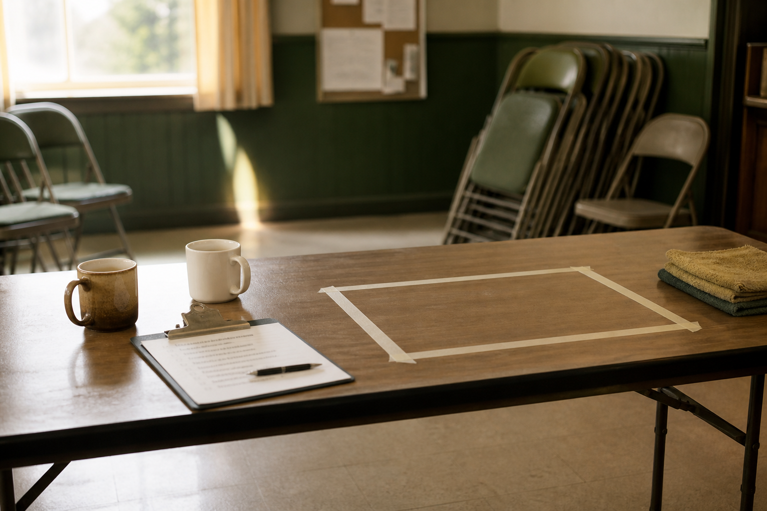 Table de bénévoles, presse-papiers, deux tasses et un espace vide marqué au scotch.