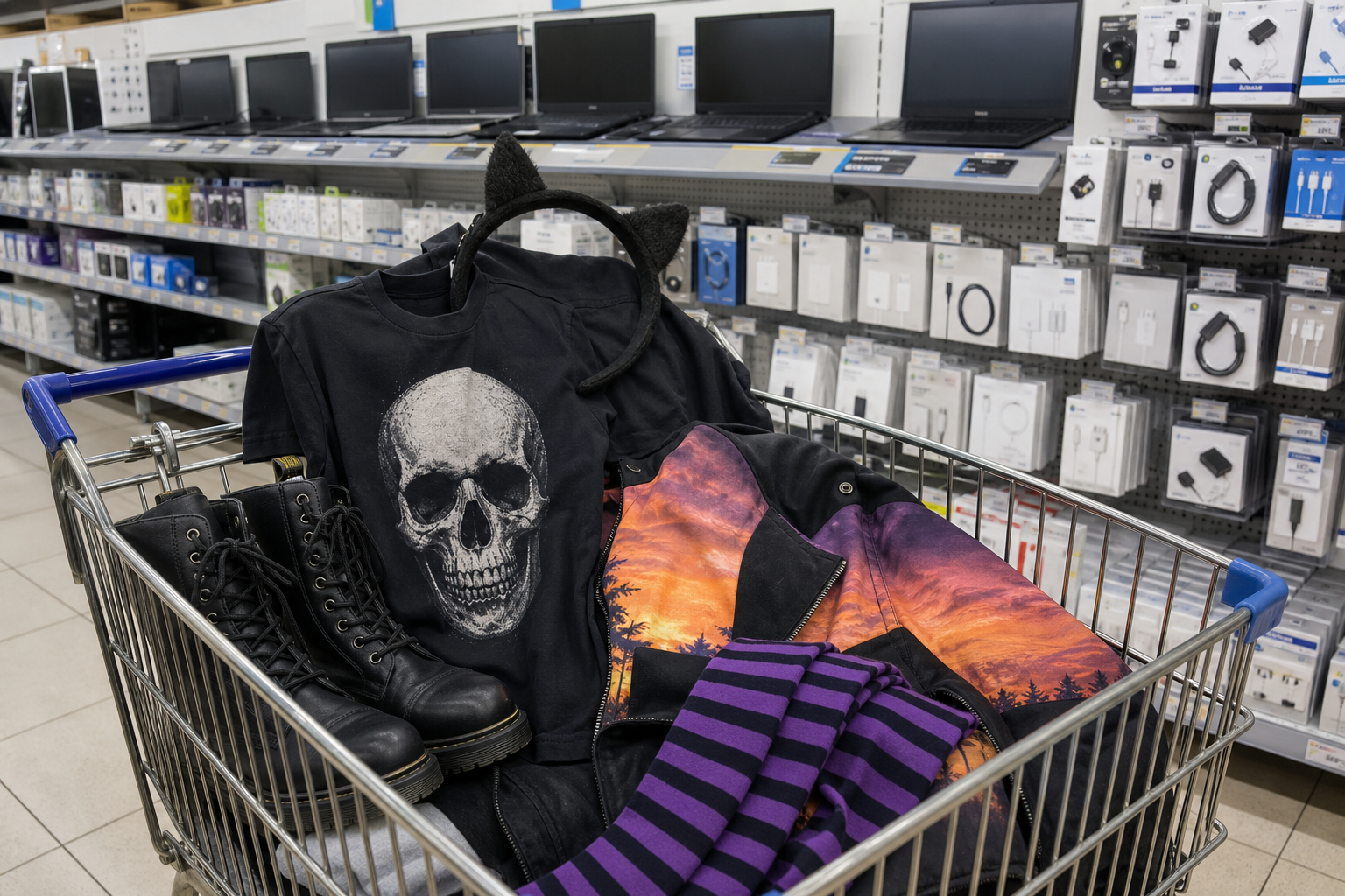Caddie d’hypermarché avec rangers, t-shirt skull et serre-tête oreilles de chat, rayons ordinateurs derrière.