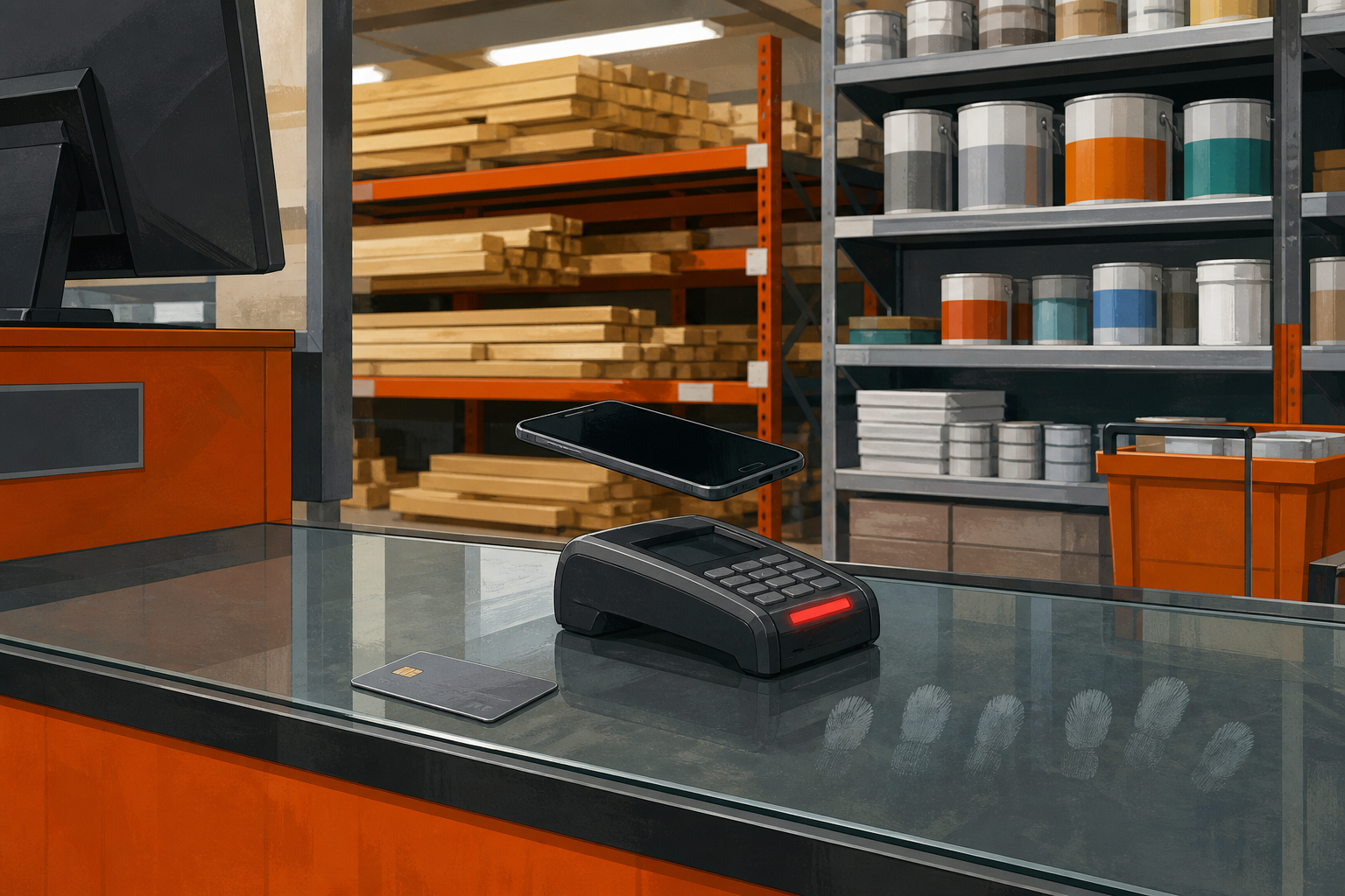 Caisse de magasin de bricolage, terminal en erreur, téléphone en lévitation, carte de débit.