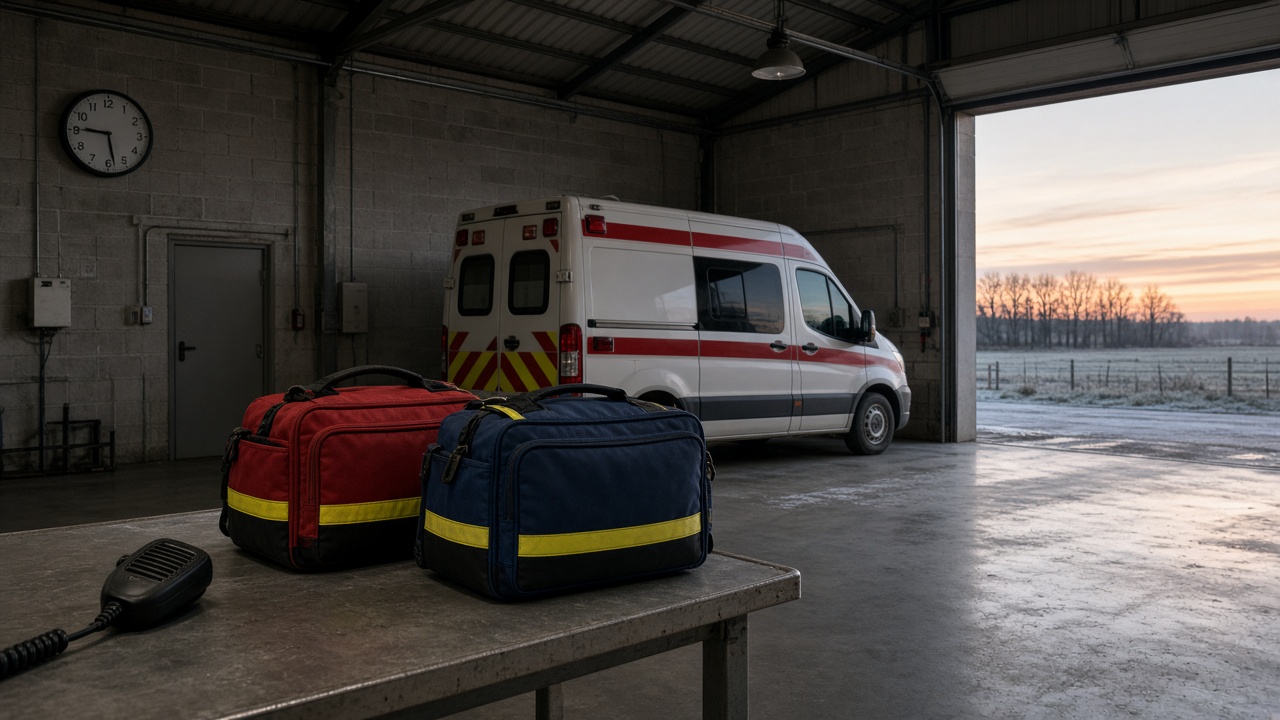 Garage d’ambulance à l’aube, horloge à cinq heures trente, radio.