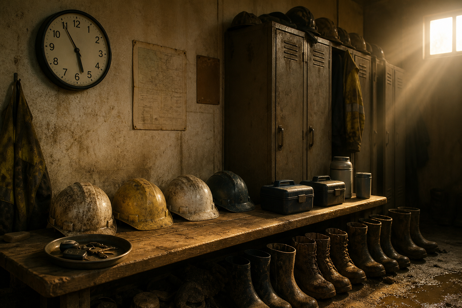 Vestiaire de chantier, horloge à 17 h 55, casques et clés de covoiturage sur un banc.
