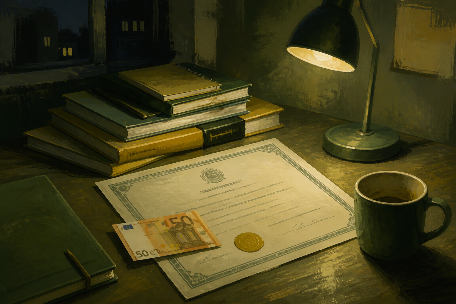 Bureau de nuit, diplôme, billet de cinquante euros, manuels sous la lampe.