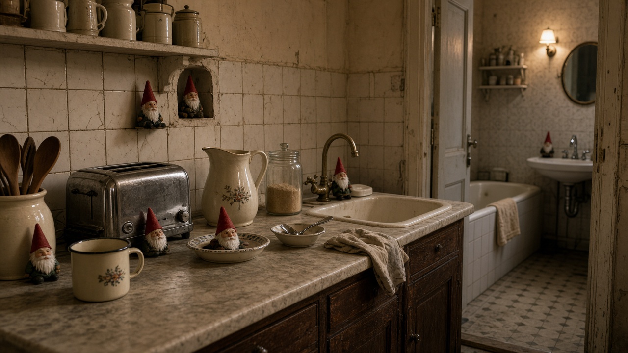 Cuisine et salle de bain, nains de jardin minuscules cachés parmi les tasses.