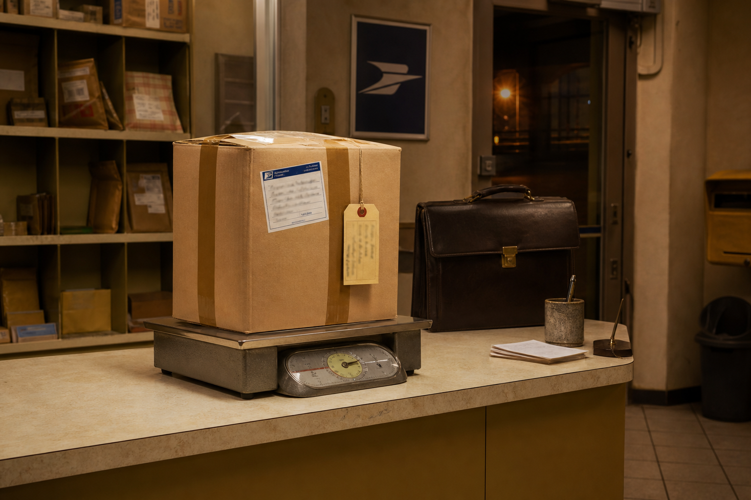 Grande caisse sur une balance de poste, mallette de consultant à côté.
