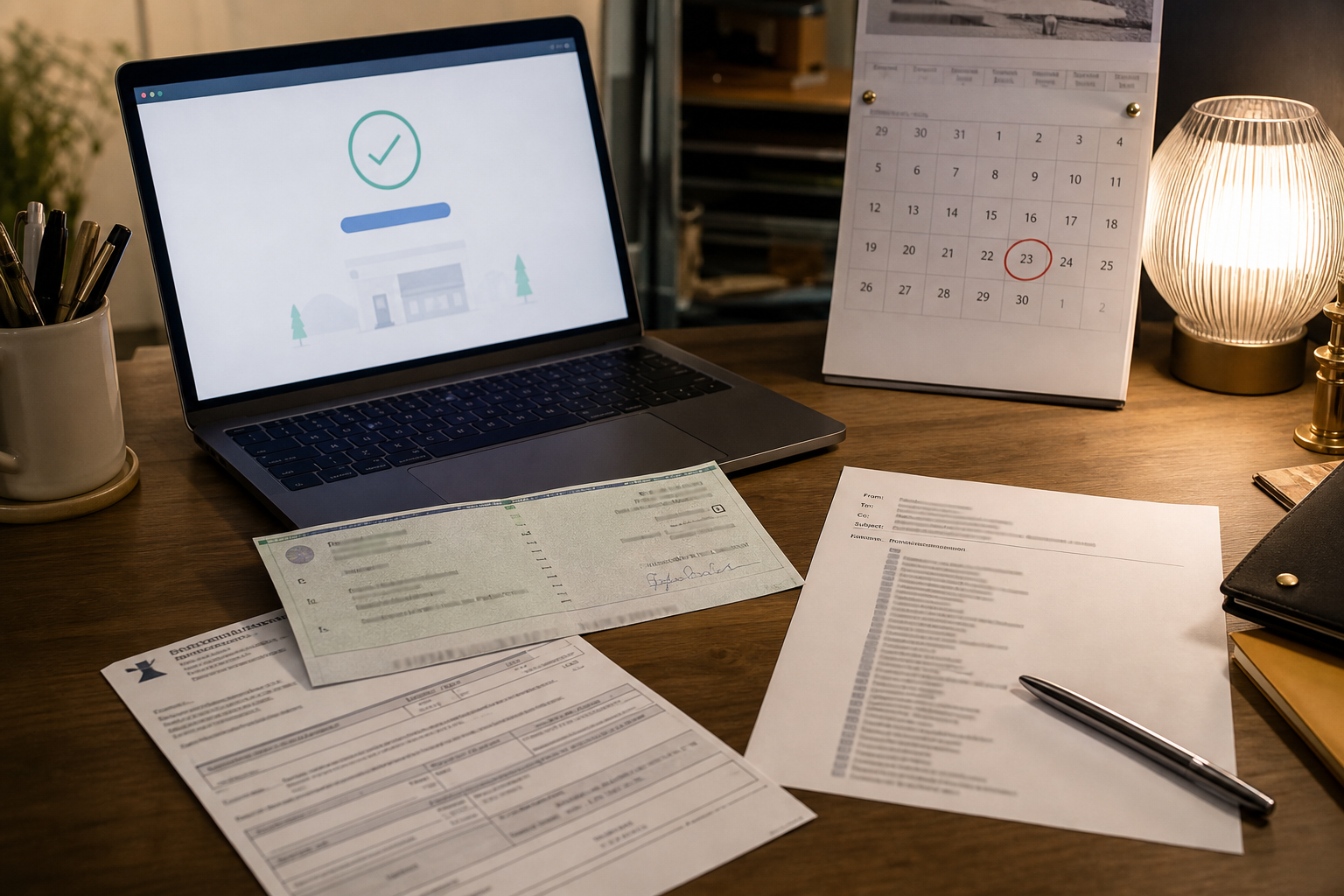 Bureau, écran de paiement validé, chèque de banque et calendrier.
