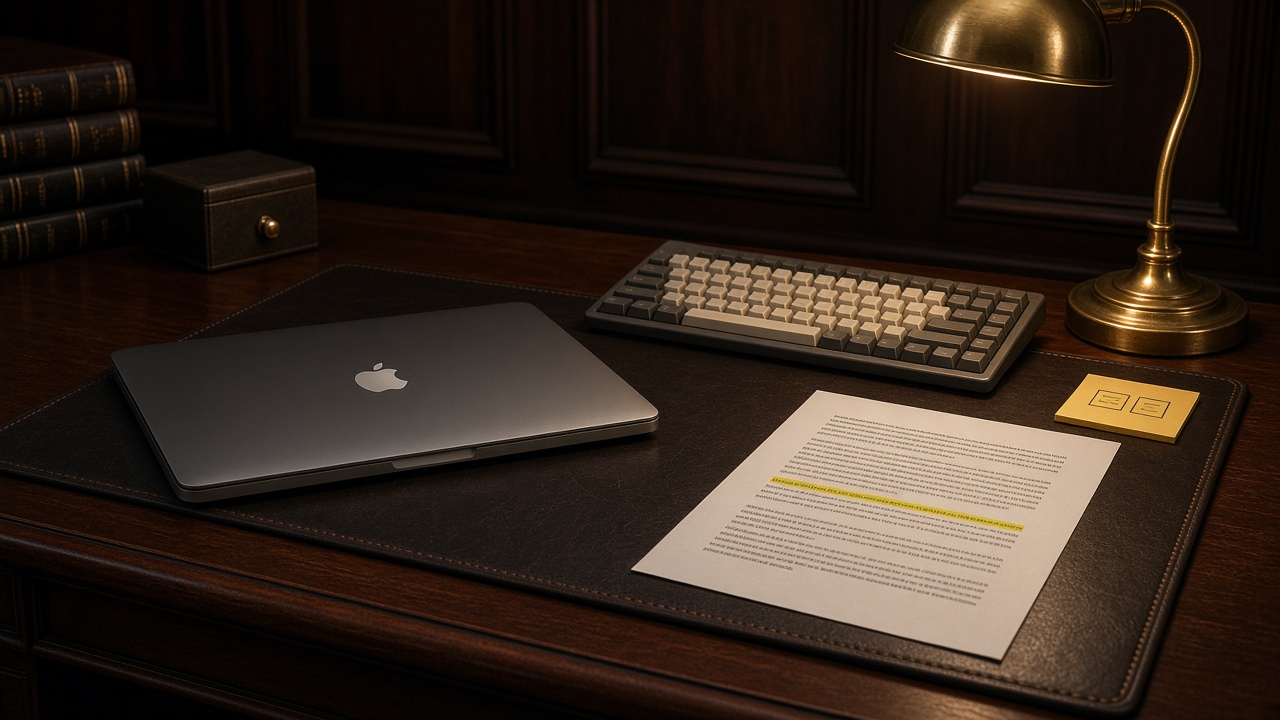 Bureau d’associé, portable neuf, clavier, page surlignée, lampe laiton.