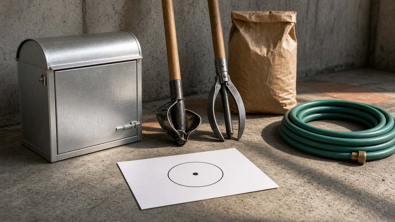 Sol de bricolage, boîte aux lettres, outils, sac de béton, tuyau.