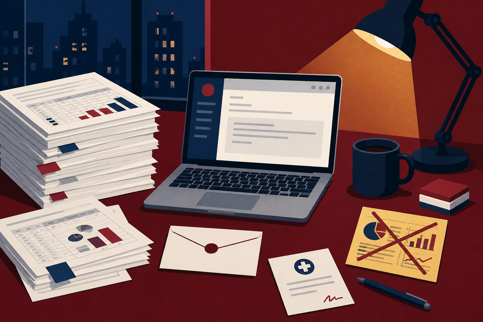 Bureau de finance le soir, ordinateur, liasses Excel, brouillon de mail.