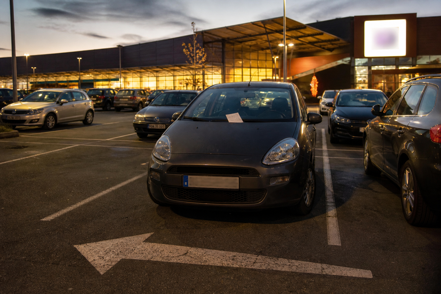 Parking de centre commercial, mot sous l’essuie-glace, flèche au sol.