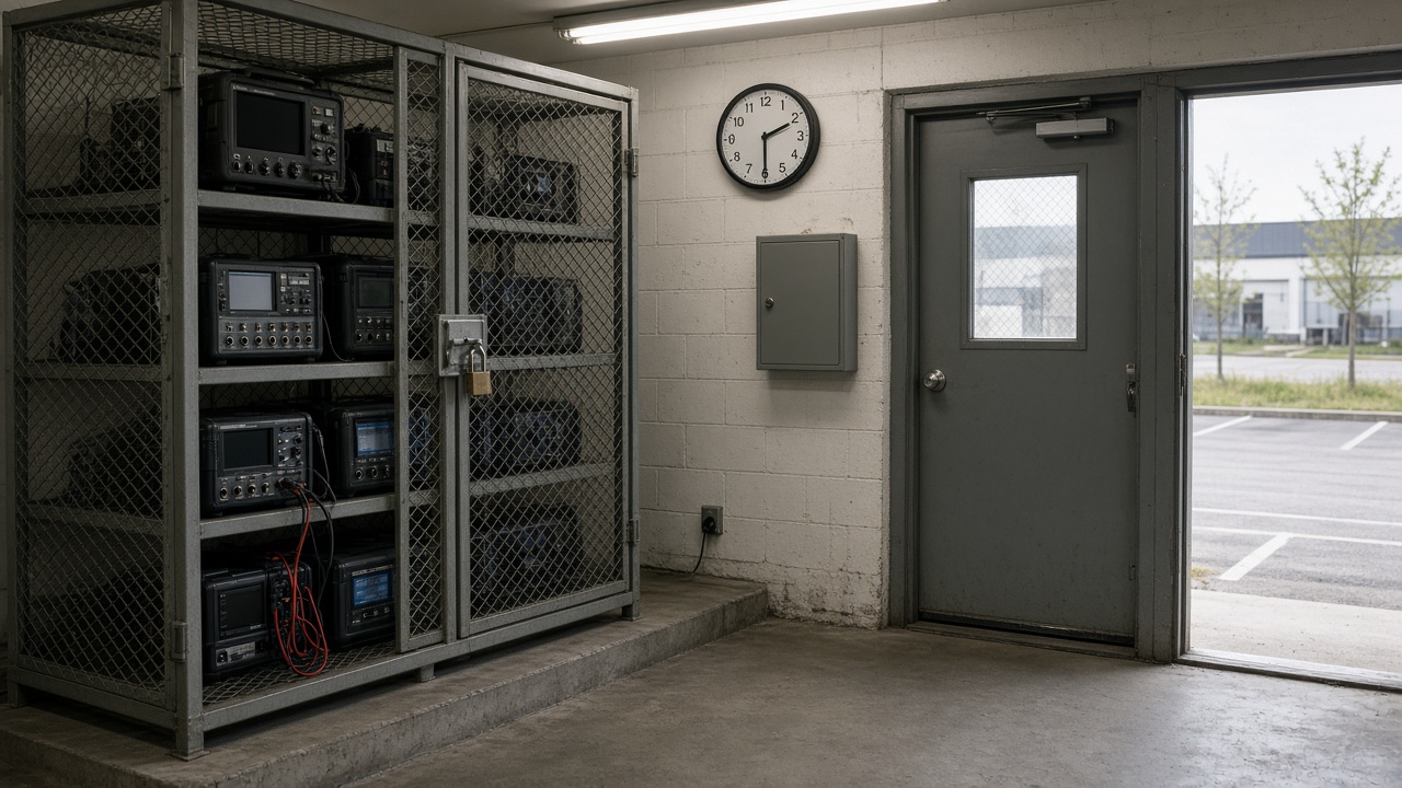 Cage d’atelier verrouillée, outil cher, horloge à quatorze heures trente.