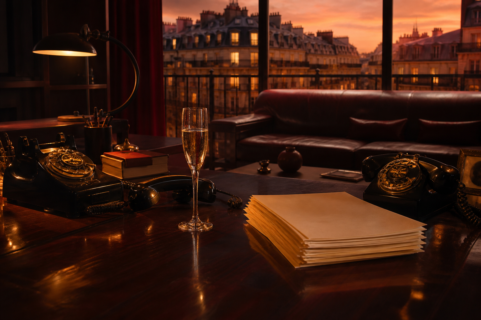 Bureau d’agence parisien le soir, téléphones et une flûte de champagne.