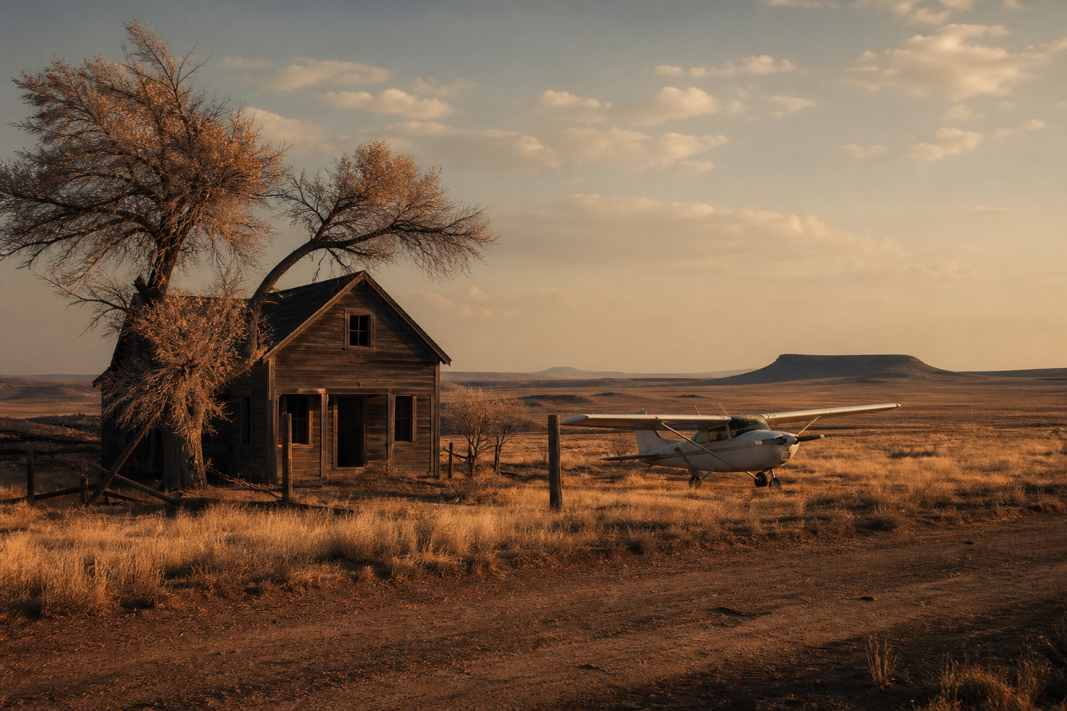 Ferme isolée et petit avion sous un ciel de fin du monde.