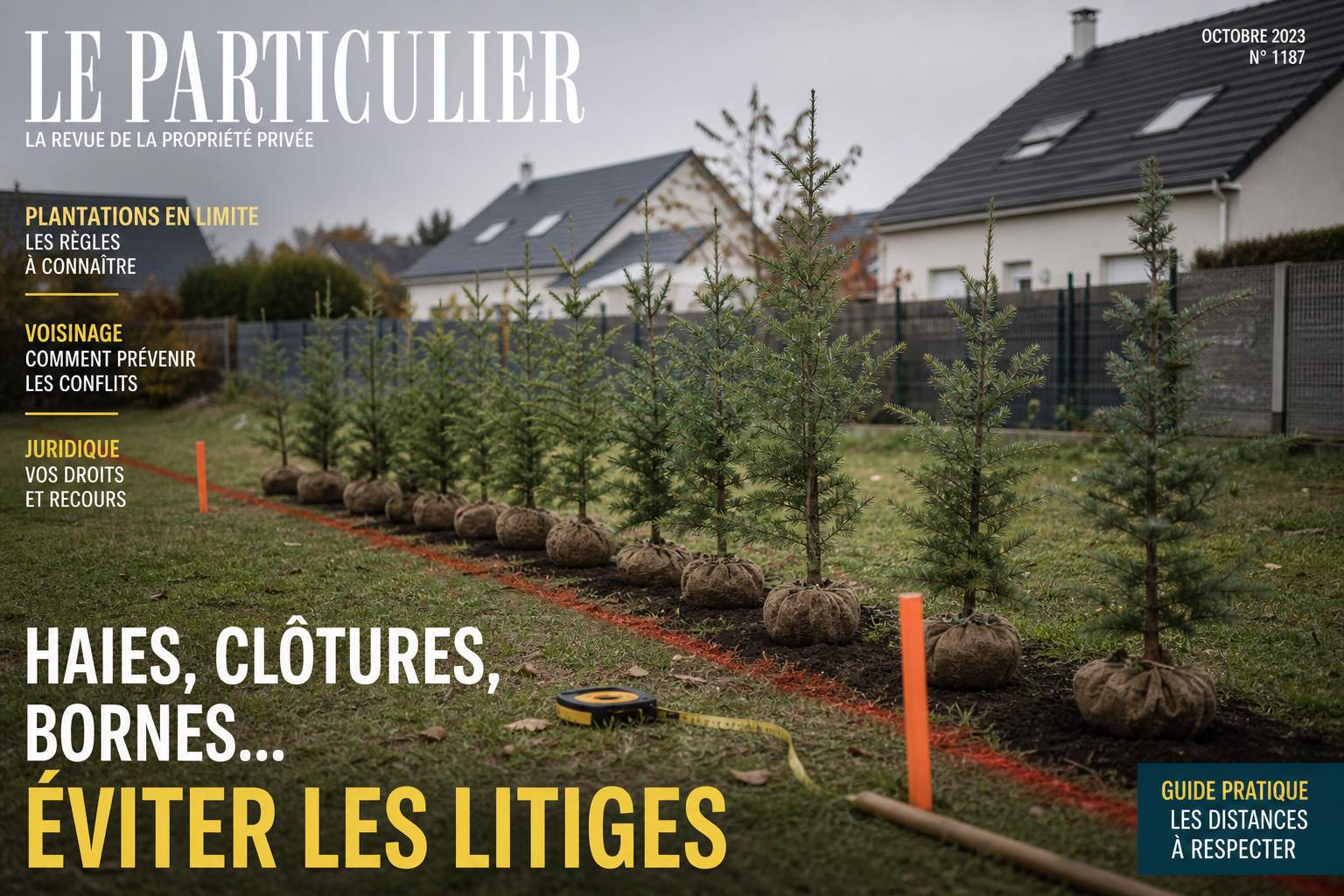 Jeunes sapins fraîchement plantés, piquets d’arpenteur et ligne peinte dans l’herbe.