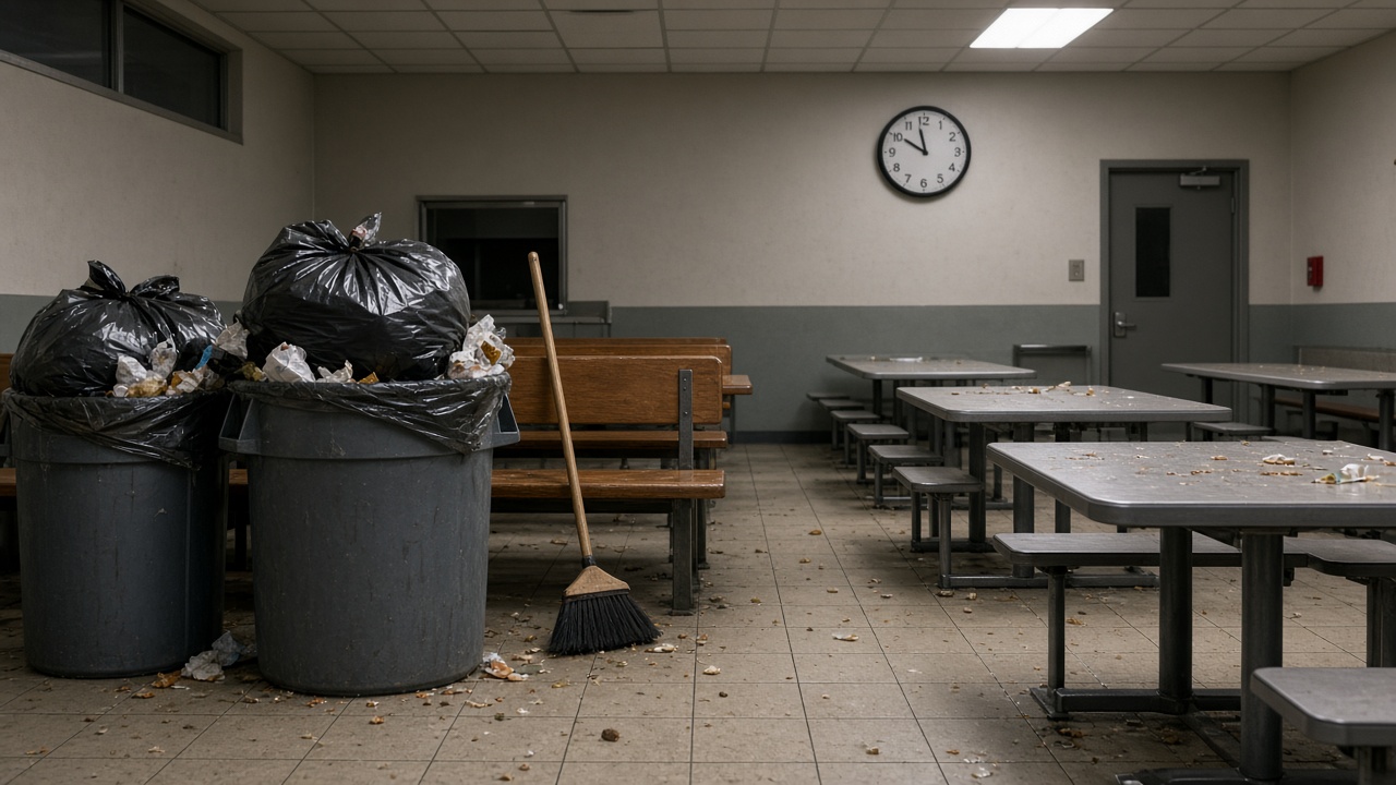 Cantine vide, poubelles débordantes, balai inutilisé, horloge au mur.