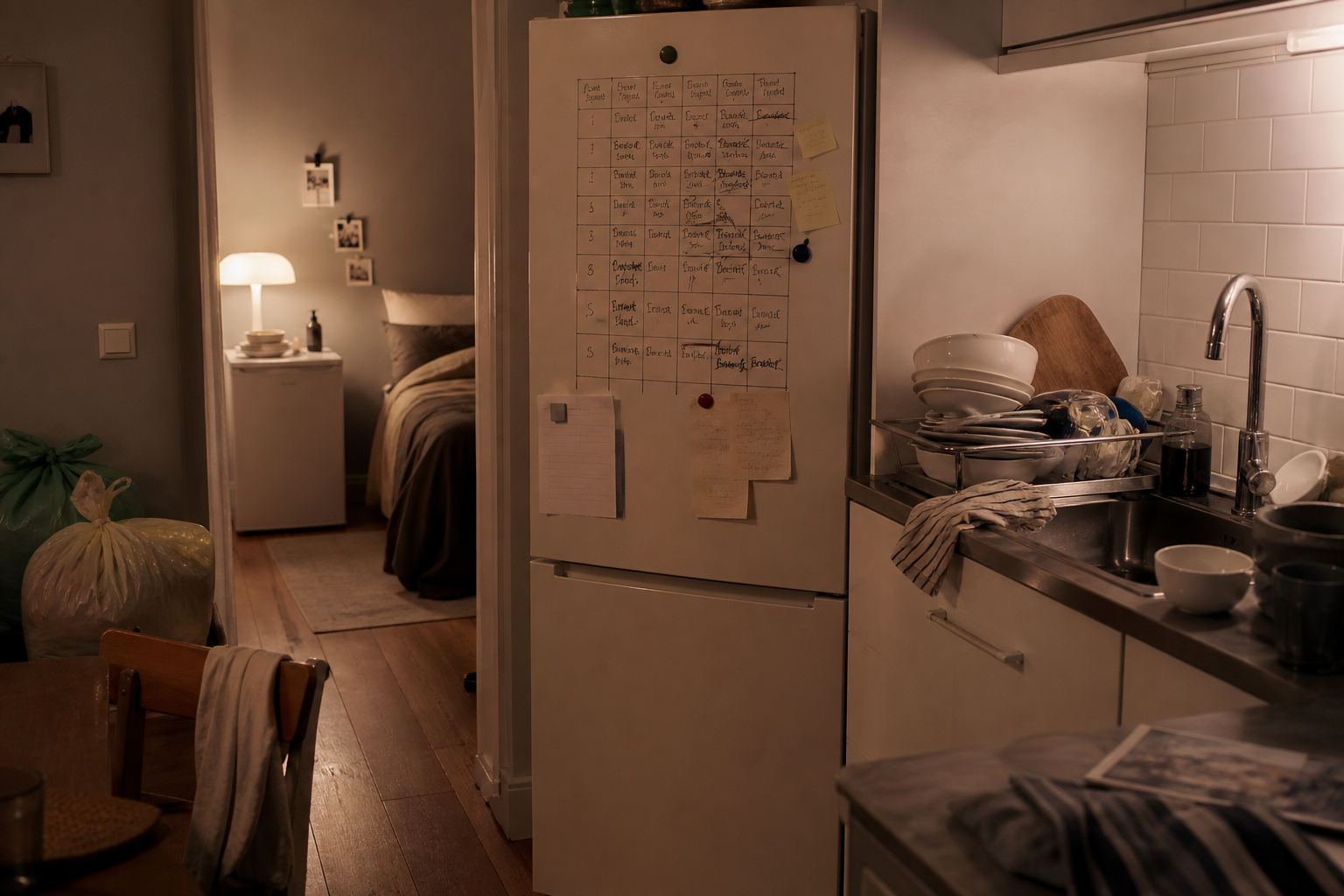 Cuisine partagée, tableau de corvées sur le frigo, sacs-poubelle, mini-frigo dans une chambre.