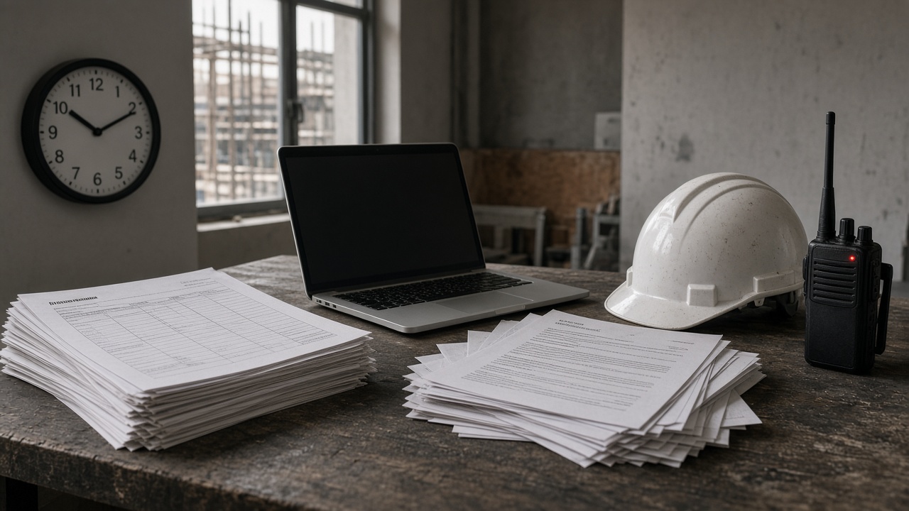 Bureau de chantier, liasses d’heures, horloge, pile de mails imprimés.