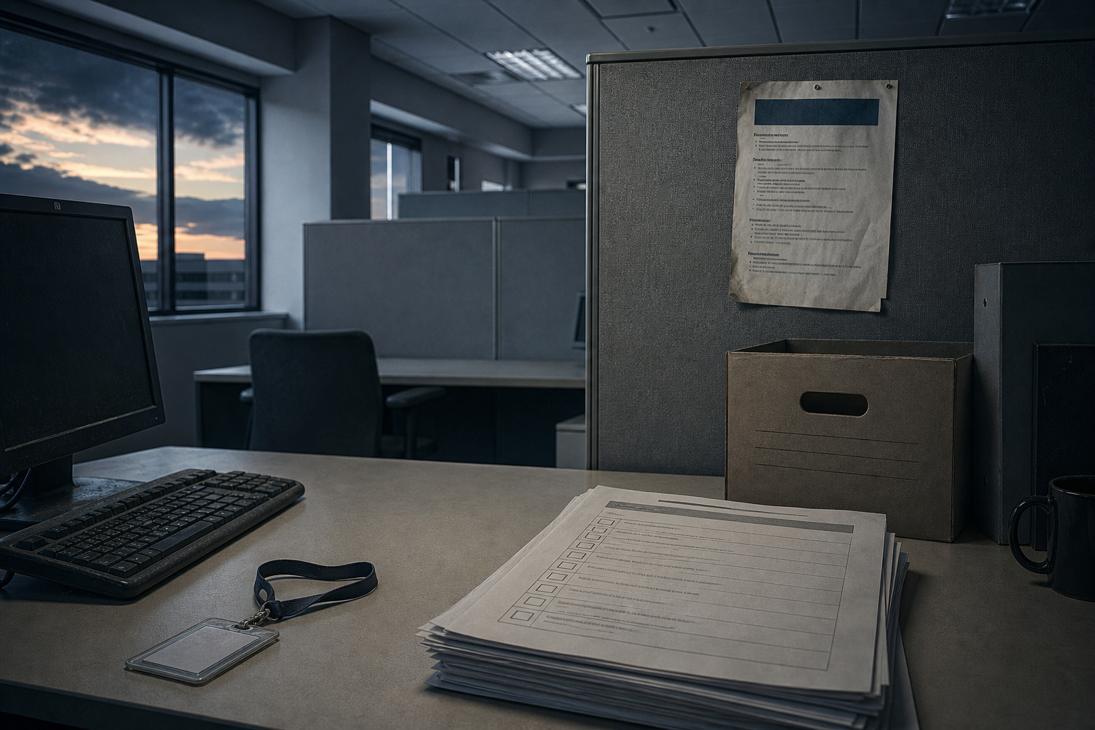 Cubicle vide au crépuscule, checklist, badge retourné, flyer d’offre encore épinglé.