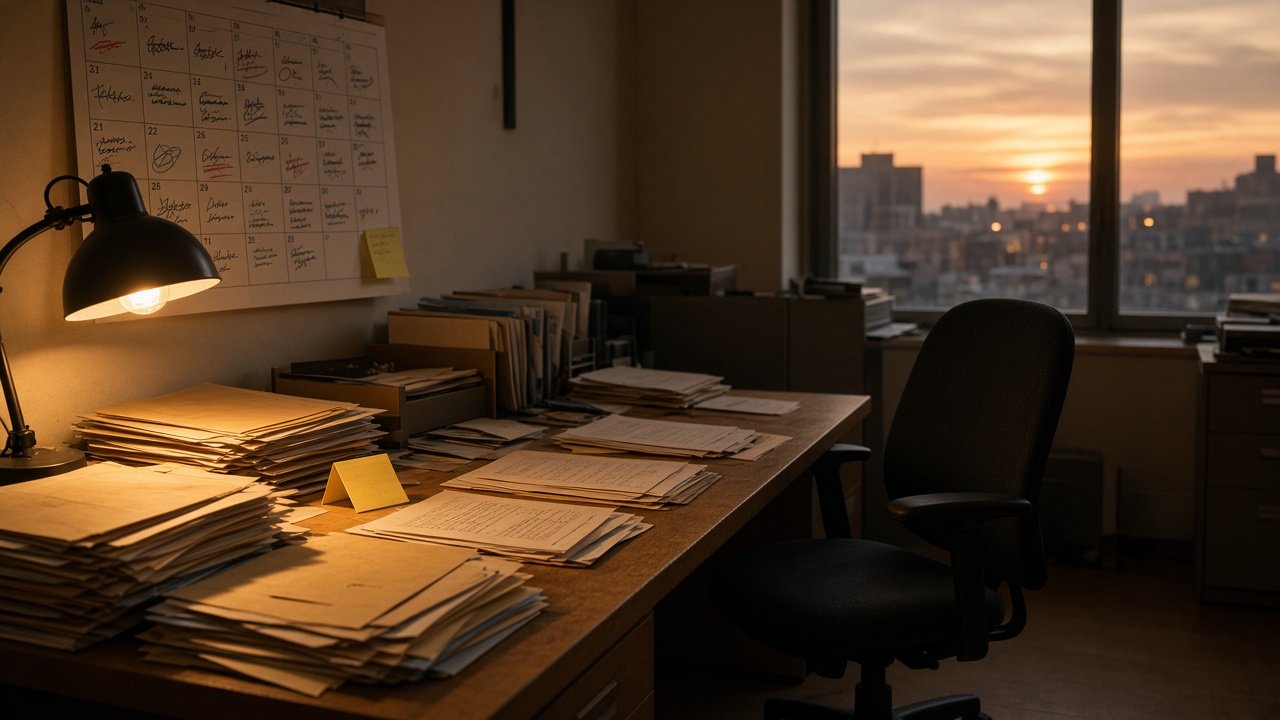 Bureau le soir, dossiers, calendrier de congés, lampe, chaise reculée.