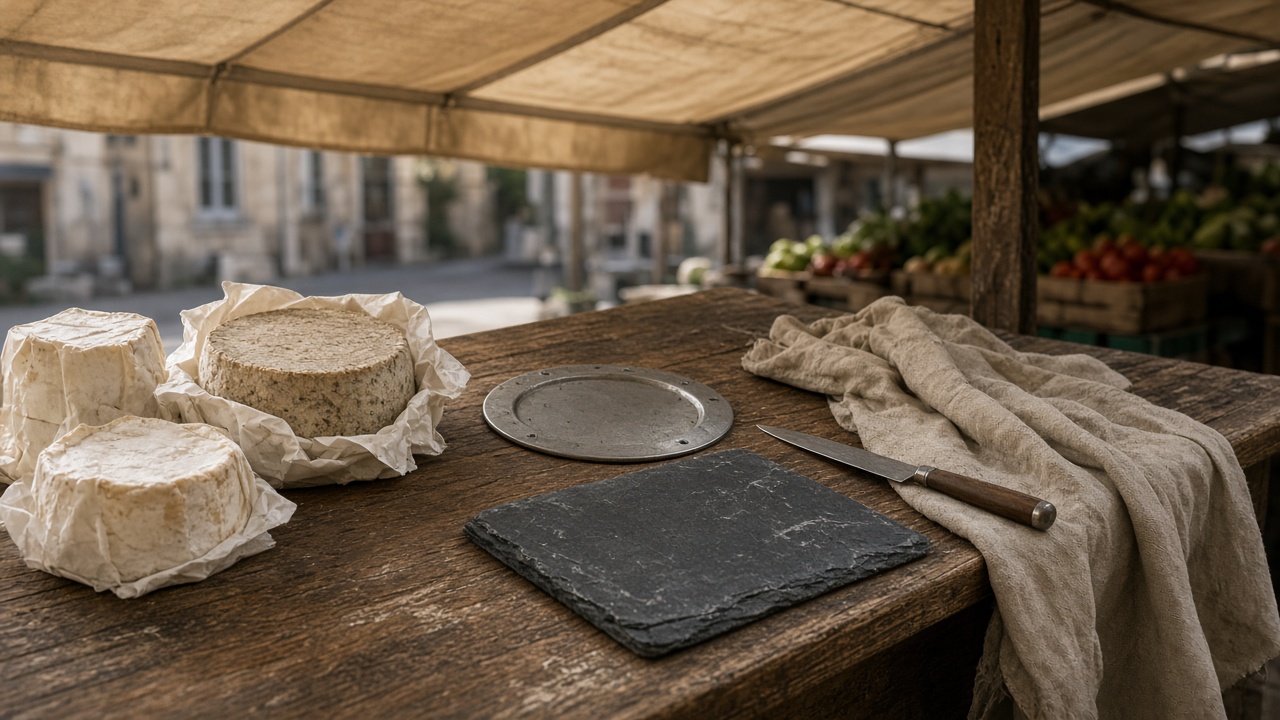 Étal de marché, fromages, emplacement vide de la balance, ardoise retournée, auvent.
