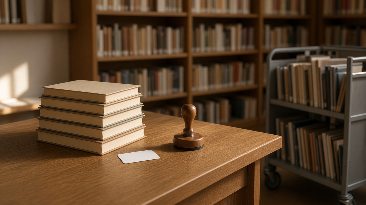 Bureau de médiathèque, pile de livres, carte blanche, tampon, chariot de retours.