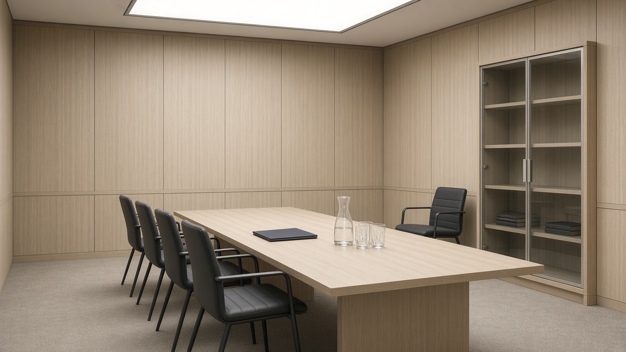 Salle de conseil, six chaises autour de la table, une septième derrière une vitrine, carafe.