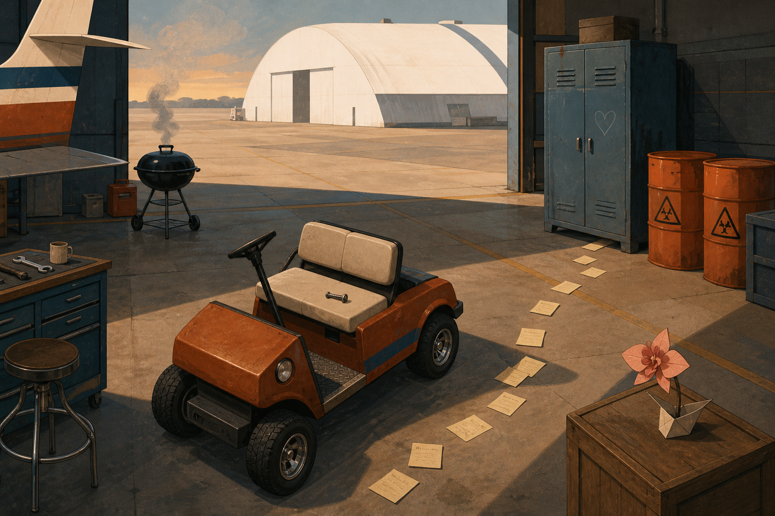 Hangar, voiturette sans volant, notes collées, casier, barbecue et orchidée en papier.