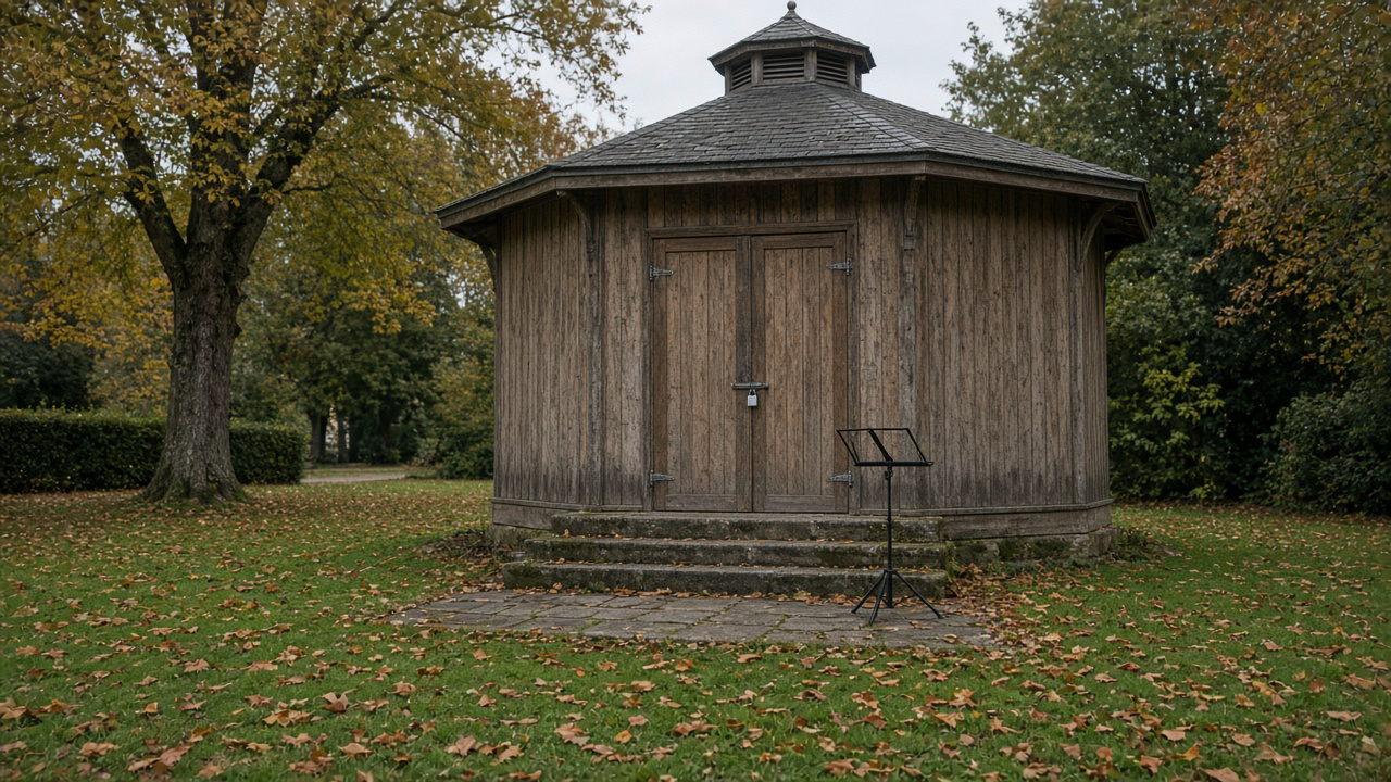 Kiosque à musique fermé dans un parc, cadenas, pupitre vide, marches, pelouse d’automne.