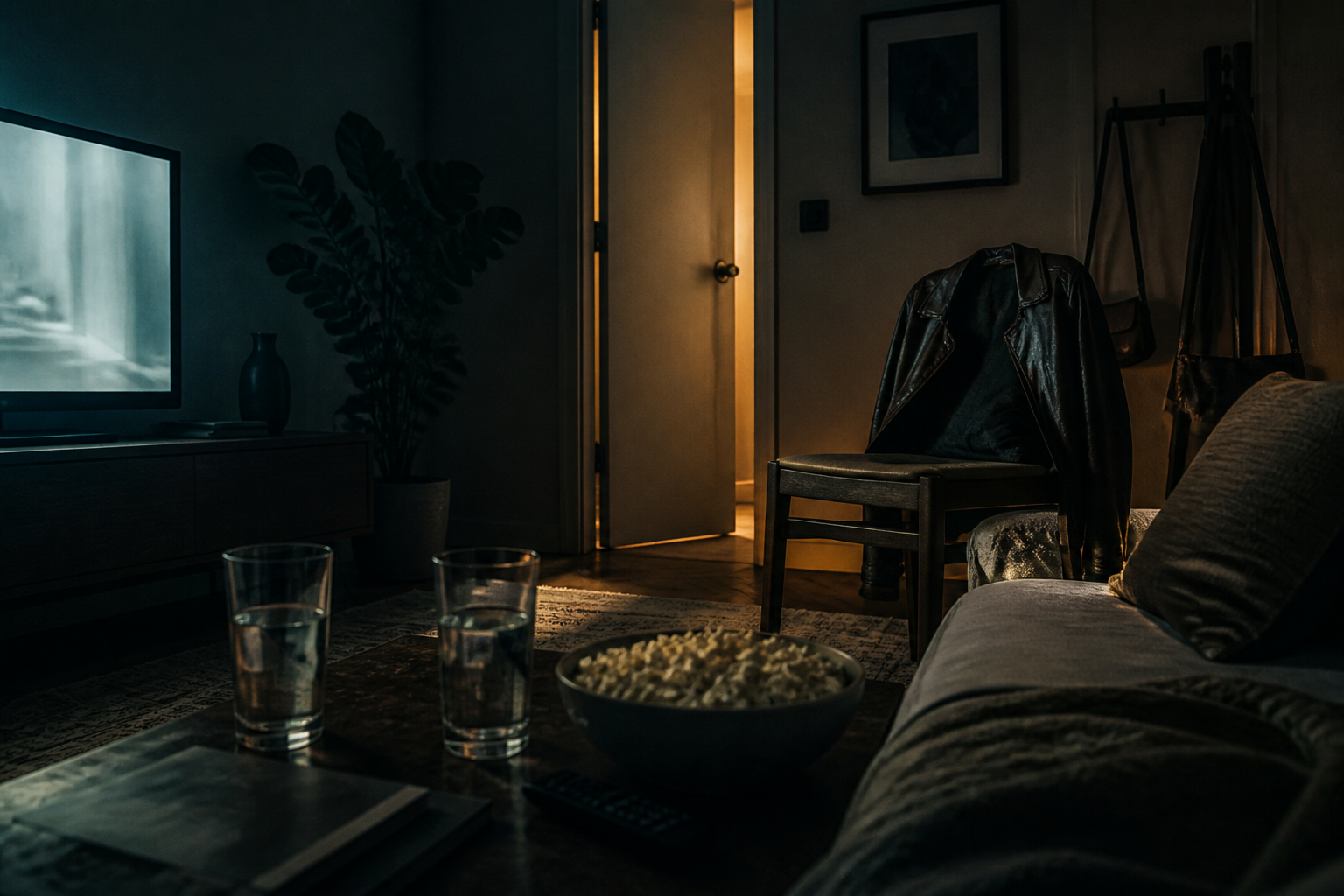 Salon le soir, popcorn, deux verres, veste sur une chaise, porte de chambre entrouverte.