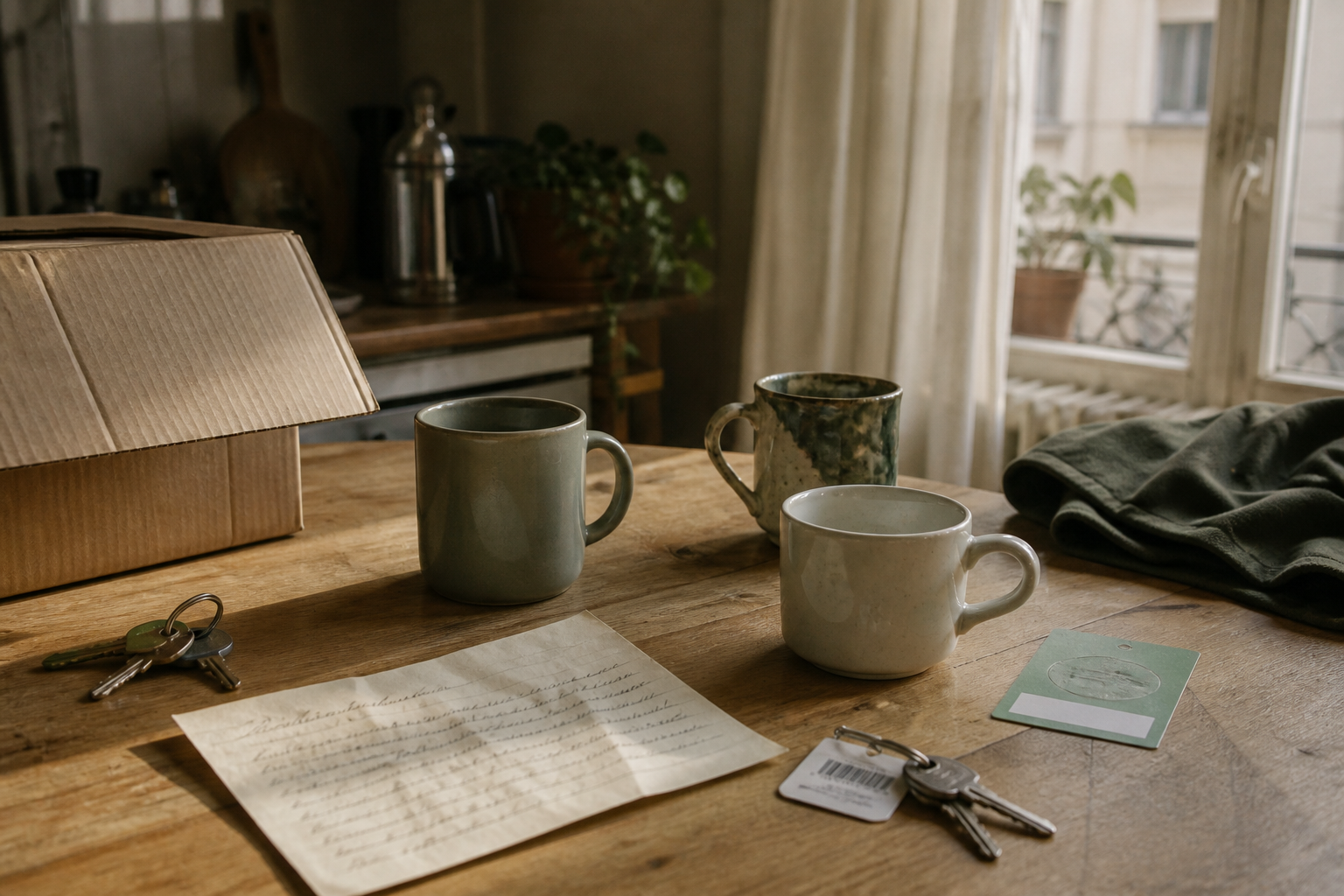 Table de cuisine, deux trousseaux, trois tasses, carton de déménagement, mot posé.