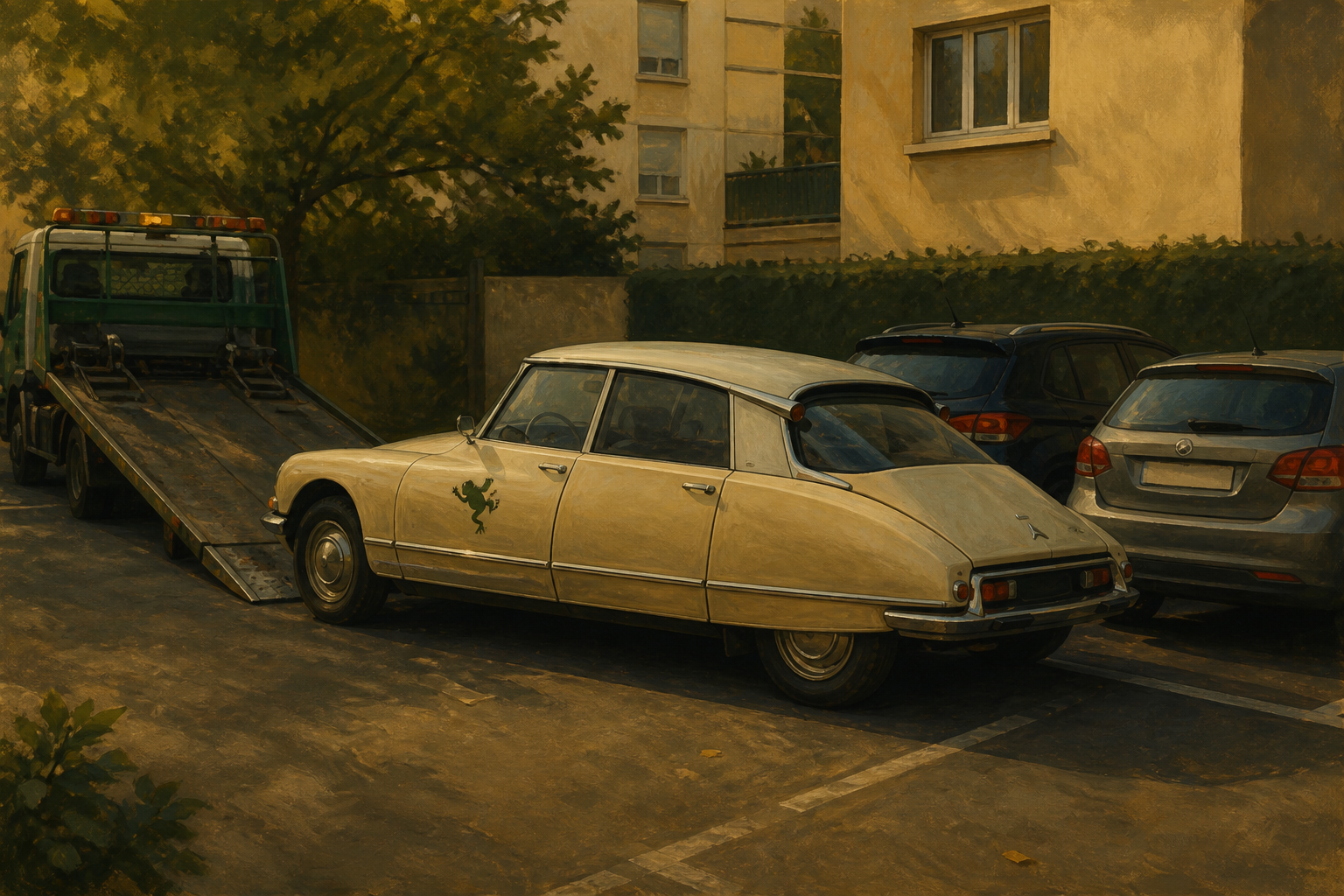 Vieille Citroën DS crème déchargée d’une dépanneuse, deux voitures bloquées.