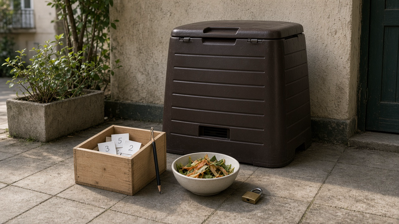 Bac de compost dans une cour, boîte de fiches, crayon, saladier d’épluchures, cadenas.