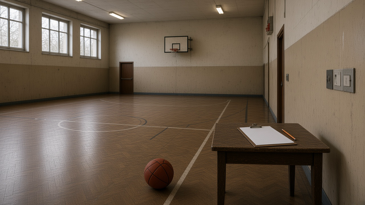 Gymnase municipal sombre, interrupteurs, présentoir, ballon au sol, parquet vide.