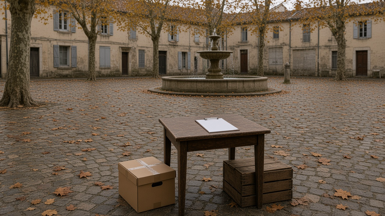 Place de village vide, table pliante, présentoir, cartons fermés, fontaine sous un ciel gris.
