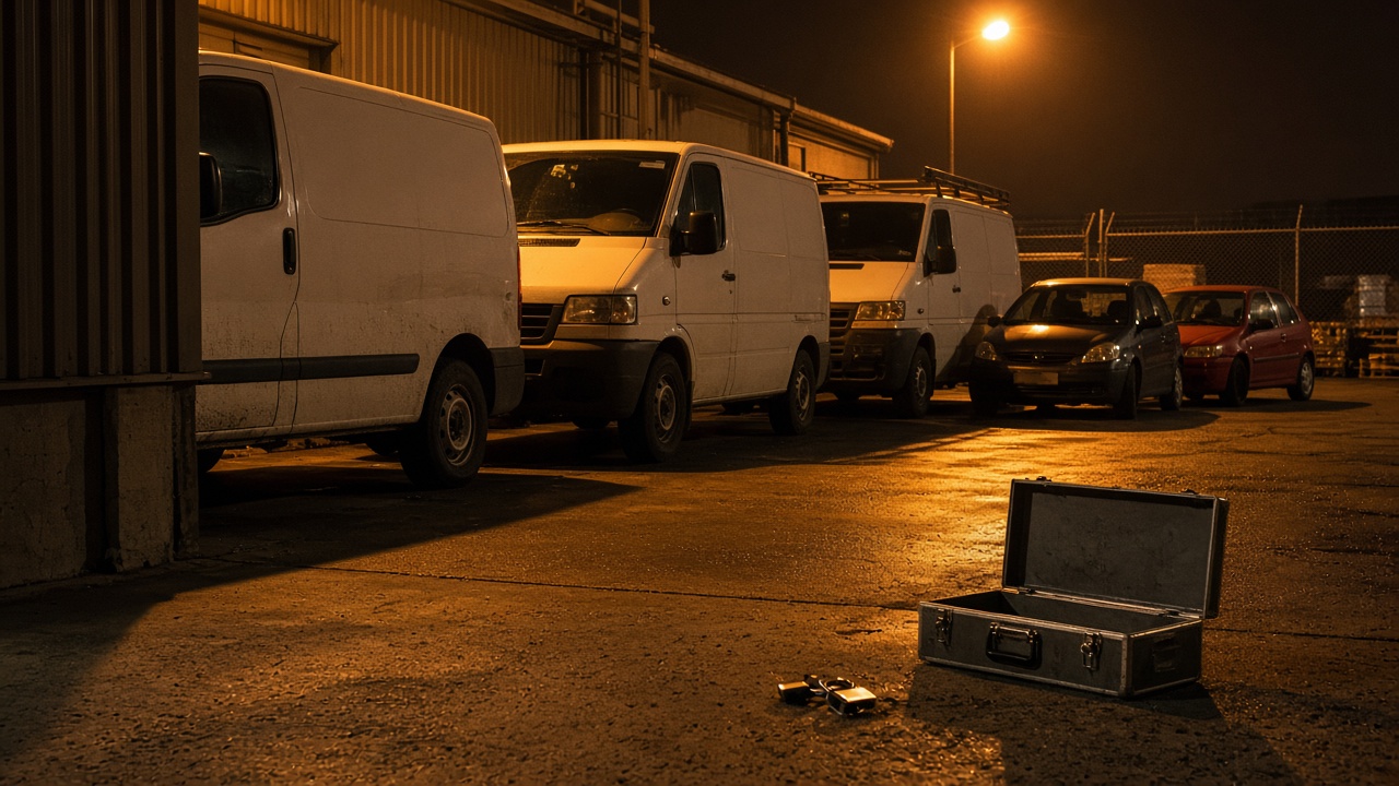 Utilitaires au dépôt la nuit, voitures perso serrées, caisse à outils vide.