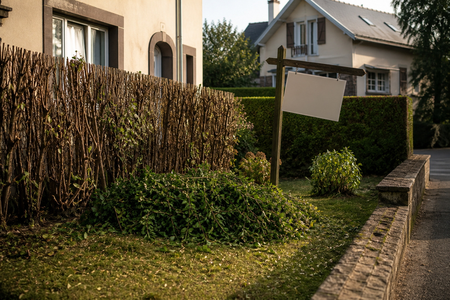 Haie coupée à ras, brindilles nues et tas de feuilles devant une maison.