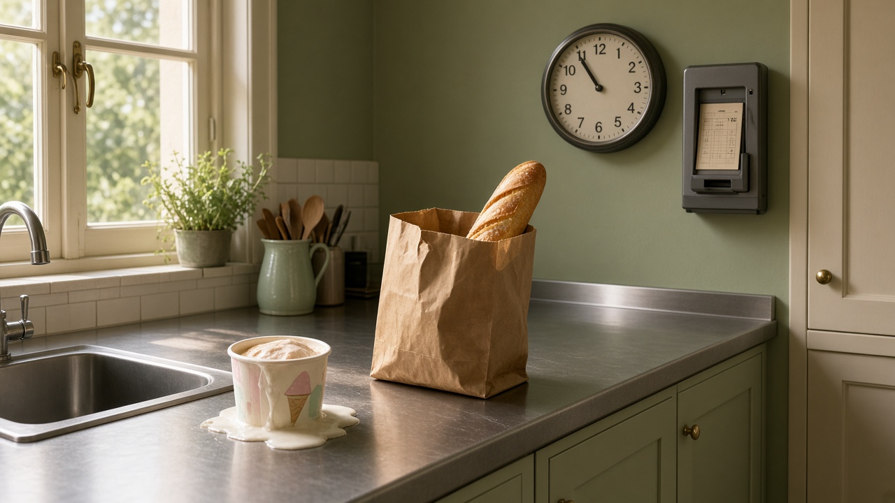 Cuisine de bureau, glace fondue, sac de courses, pointeuse au mur.