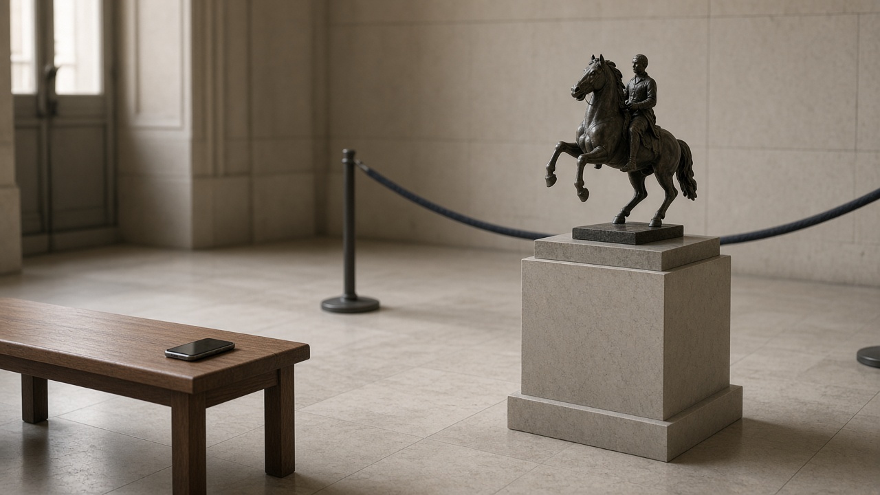 Salle de musée, petit bronze de cavalier, banc, téléphone face contre le bois, corde.