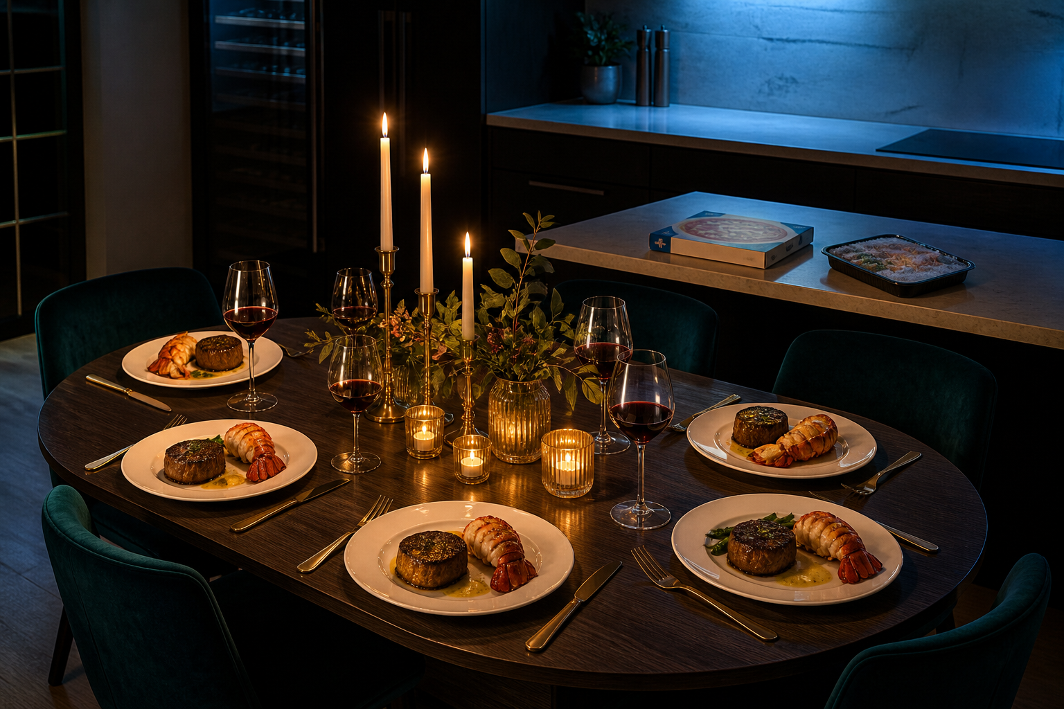 Table dressée pour cinq, filet et queues de homard, pizza surgelée sur le plan.