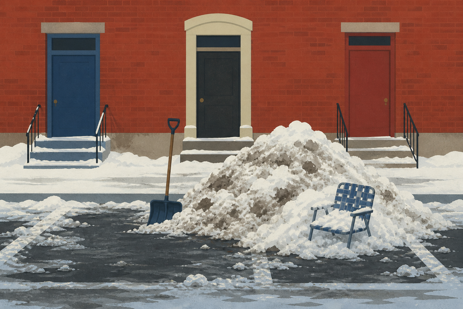 Rue enneigée, tas mal pelé, pelle, chaise d’hiver, trois portes de brique.