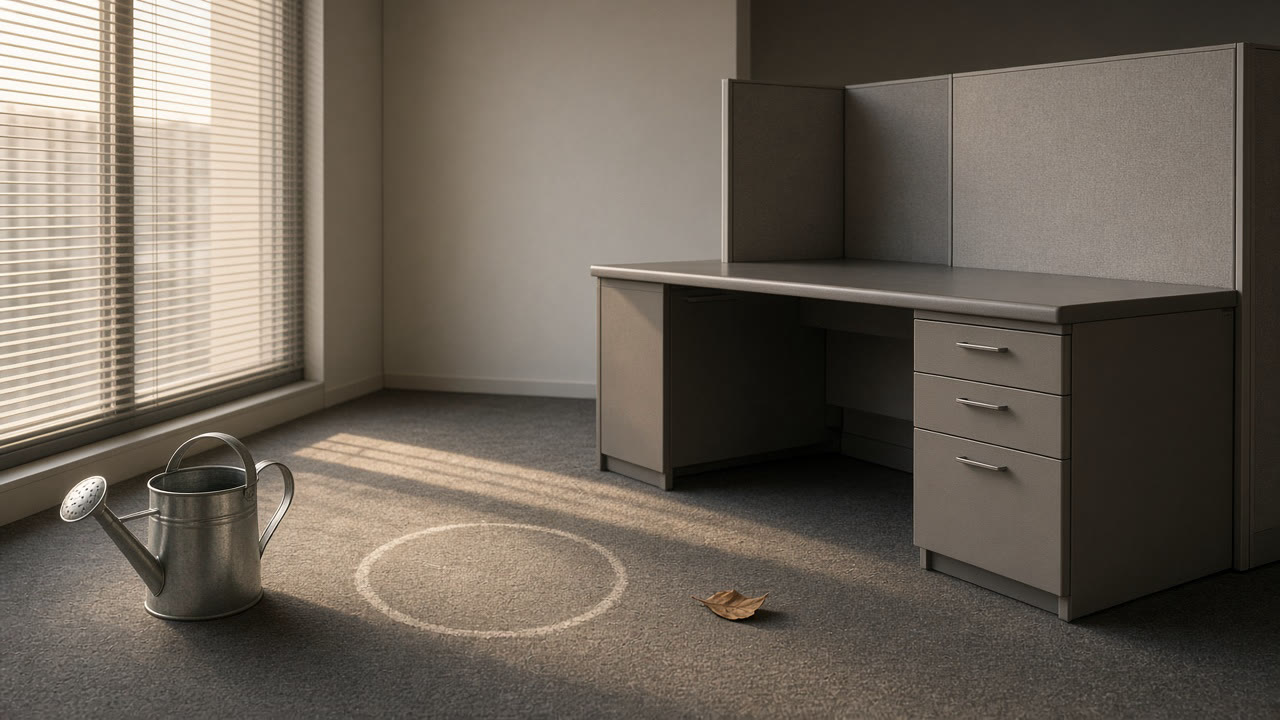 Bureau vide, rond pâle sur la moquette, arrosoir, feuille sèche, lumière de fin de journée.