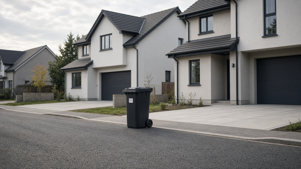 Bac noir neuf devant une maison récente, étiquette de prix, rue vide.