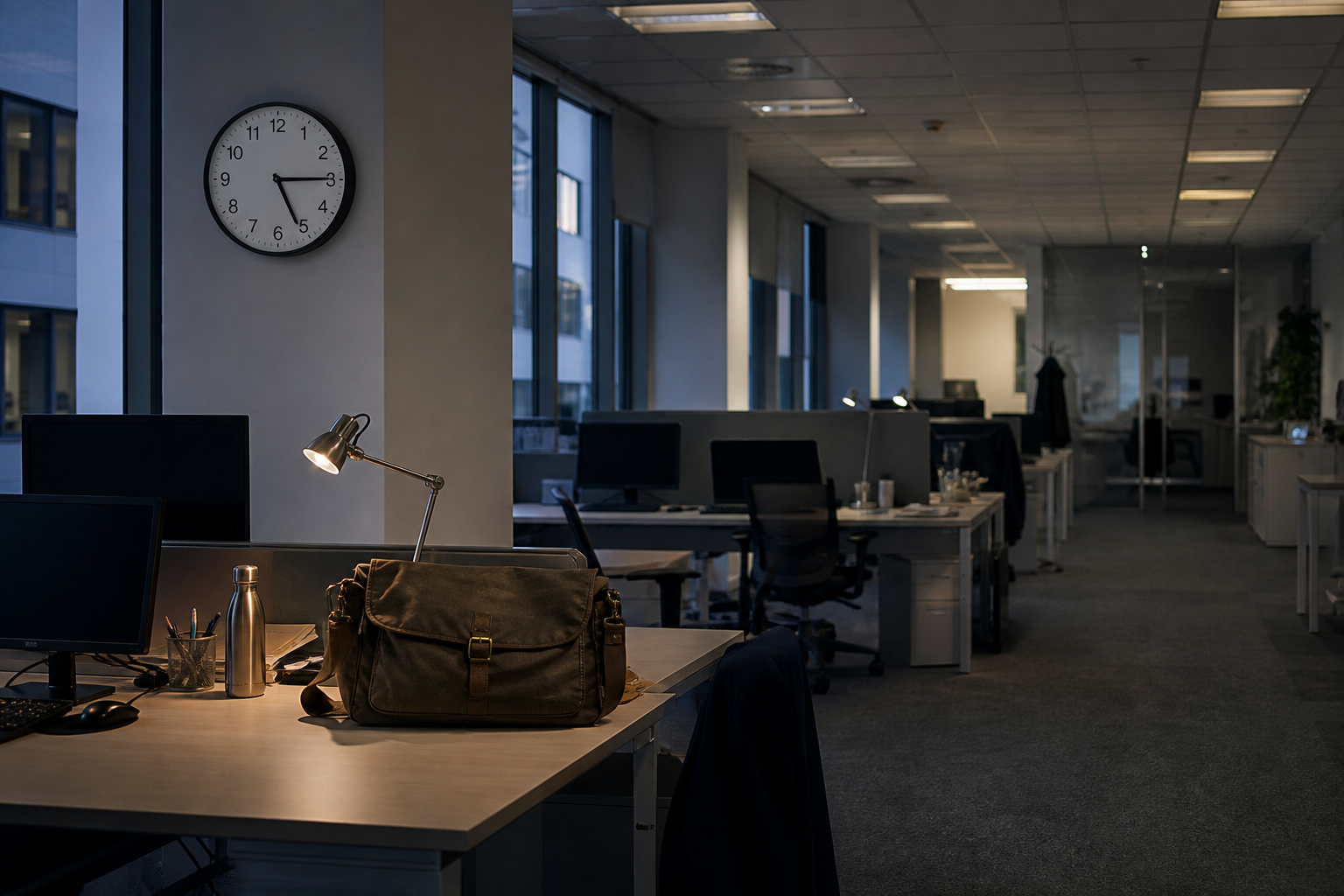 Open space vide à 17 h 15, sac déjà fermé, horloge au mur.