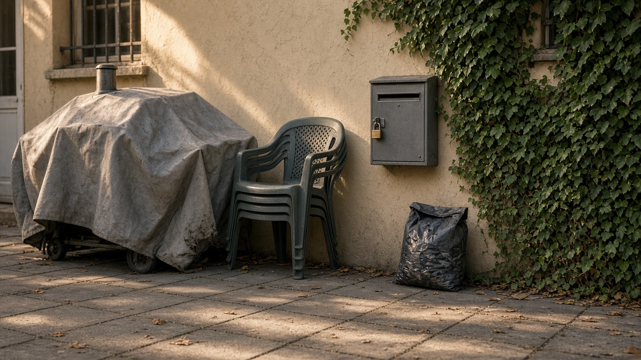 Cour d’immeuble, barbecue sous une bâche, boîte aux lettres cadenassée, chaises empilées.