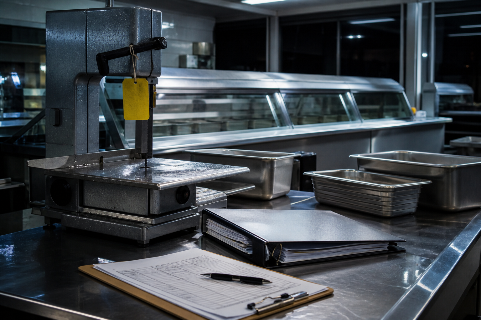 Comptoir boucherie la nuit, scie à os débranchée, classeur de formation.