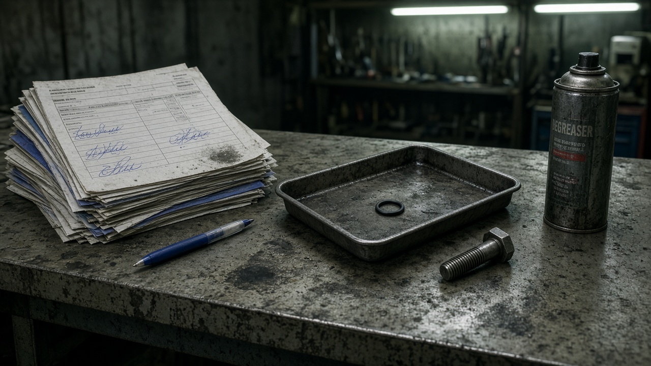 Établi d’atelier, pile de bons signés, joint torique dans un plateau, stylo.