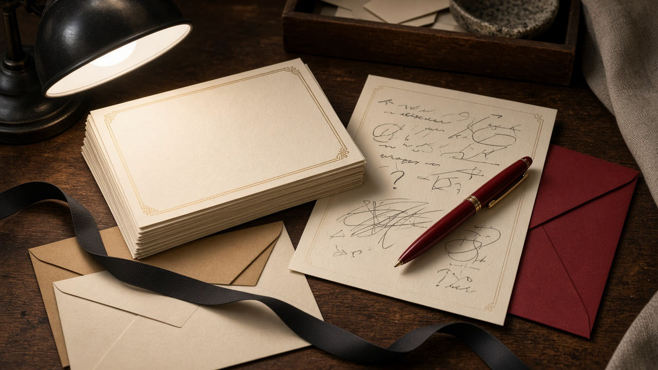 Atelier print, pile de cartons d’invitation, stylo rouge, enveloppes, ruban.